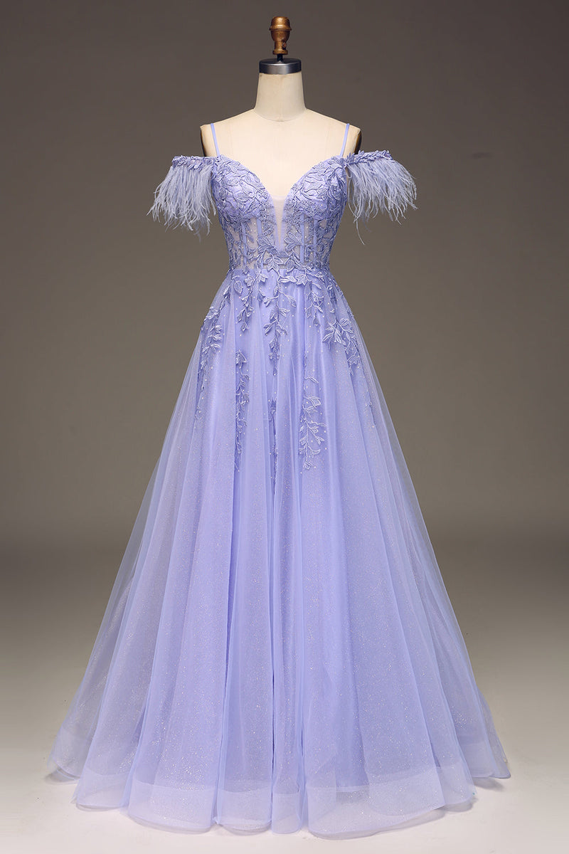 Charger l&#39;image dans la galerie, Robe de Soirée corset lilas à épaules froides A-ligne avec appliques
