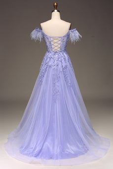 Robe de Soirée corset lilas à épaules froides A-ligne avec appliques