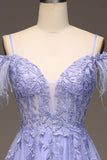 Robe de Soirée corset lilas à épaules froides A-ligne avec appliques