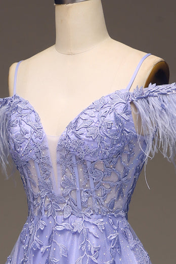 Robe de Soirée corset lilas à épaules froides A-ligne avec appliques