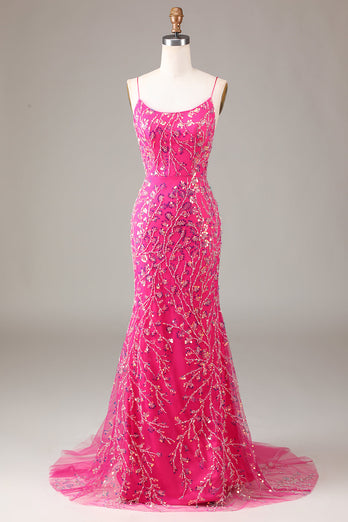 Paillettes rose vif & robe de Soirée sirène perlée avec dos nu
