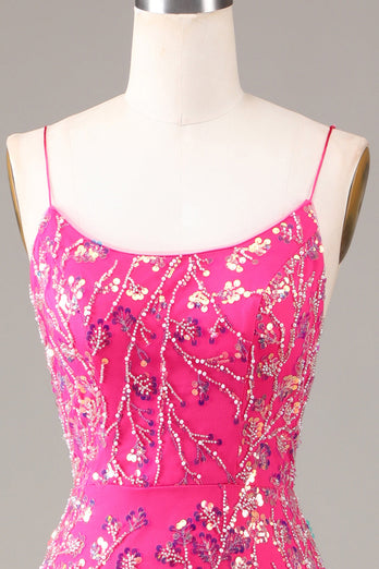 Paillettes rose vif & robe de Soirée sirène perlée avec dos nu