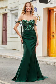 Robe de soirée sirène vert foncé avec volants