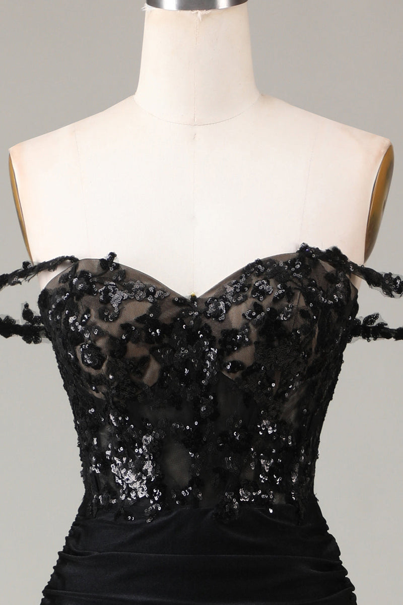 Charger l&#39;image dans la galerie, Robe de Soirée sirène scintillante noire à épaules dénudées