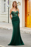 Robe de soirée sirène vert foncé avec volants