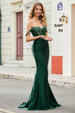 Robe de soirée sirène vert foncé avec volants