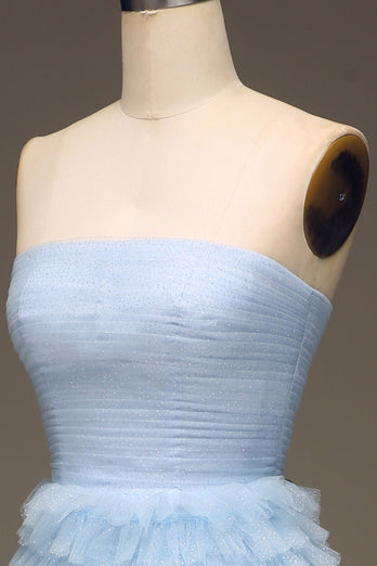 Robe de Soirée en tulle bleu clair à plusieurs niveaux avec fente