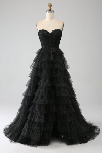 Robe de soirée corset noir Sweetheart scintillante avec fente