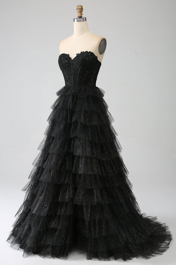 Robe de soirée corset noir Sweetheart scintillante avec fente