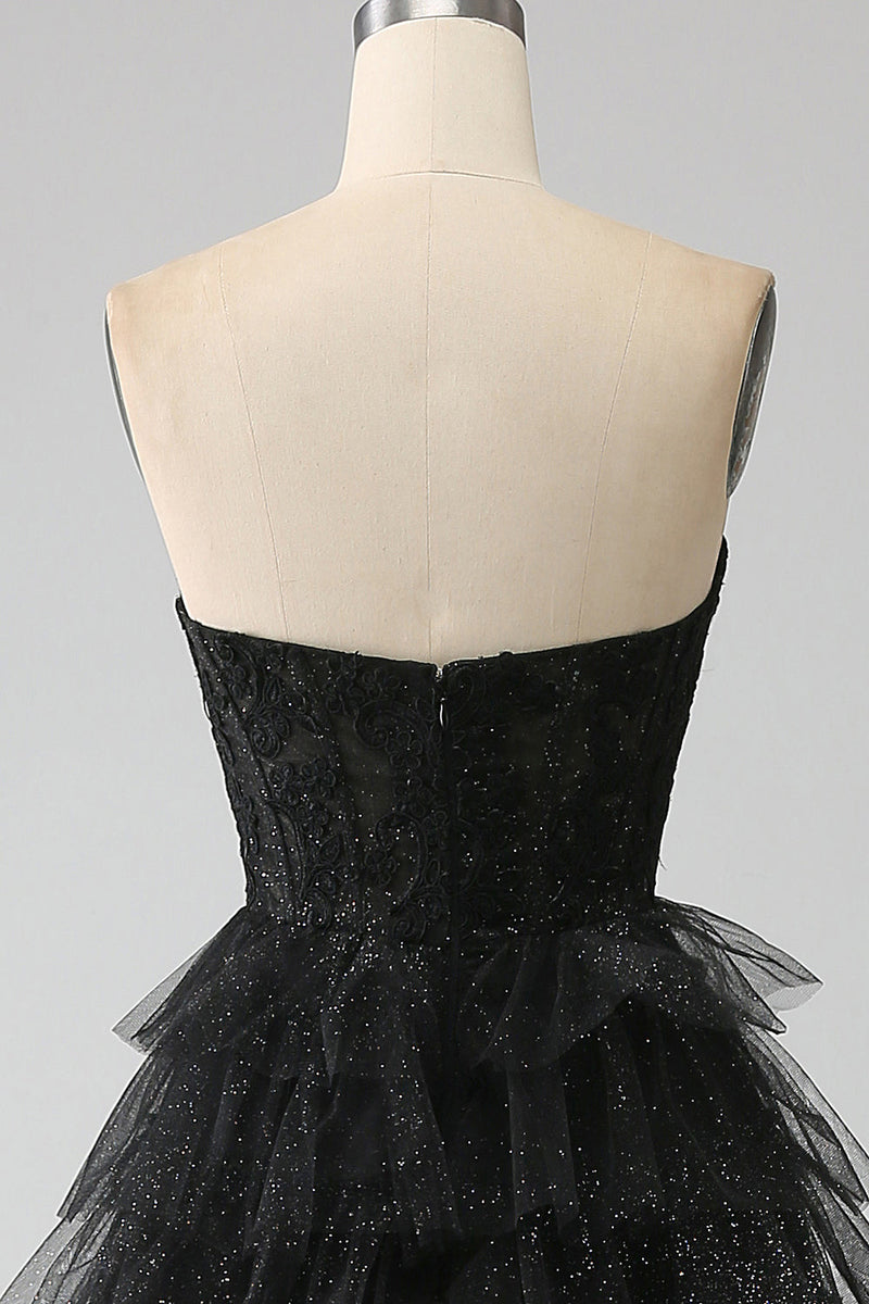Charger l&#39;image dans la galerie, Robe de soirée corset noir Sweetheart scintillante avec fente