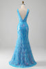 Charger l&#39;image dans la galerie, Robe de bal longue à col en V sirène bleue scintillante avec fente