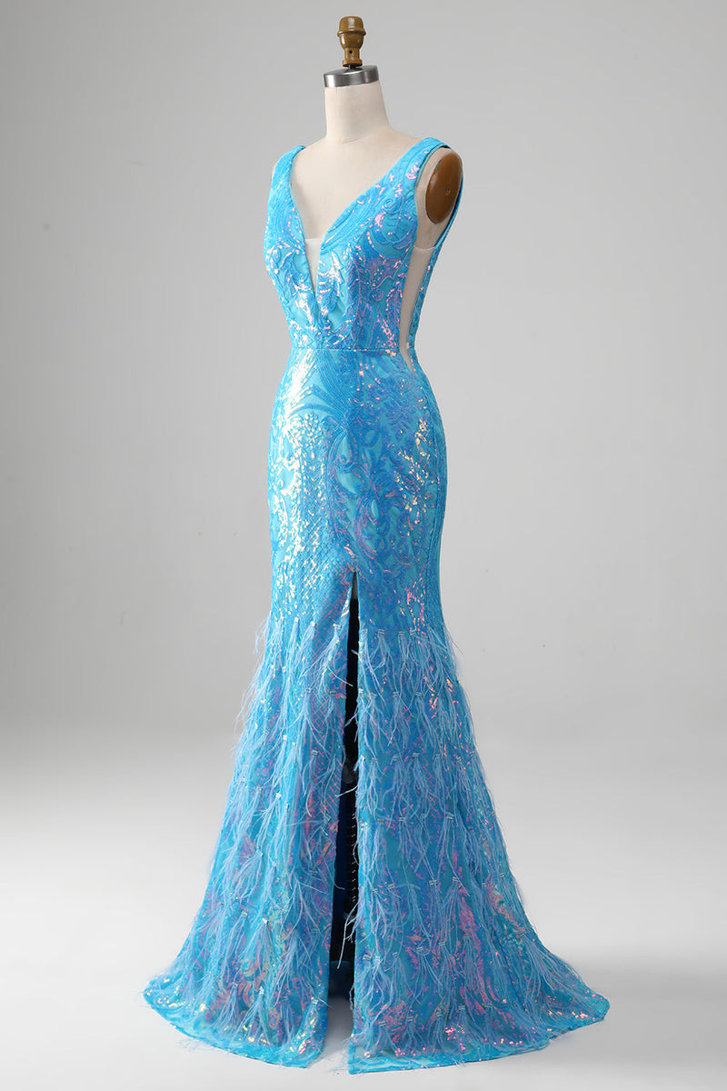 Charger l&#39;image dans la galerie, Robe de bal longue à col en V sirène bleue scintillante avec fente