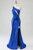 Charger l&#39;image dans la galerie, Robe de soirée sirène bleu Royal à une épaule avec fente