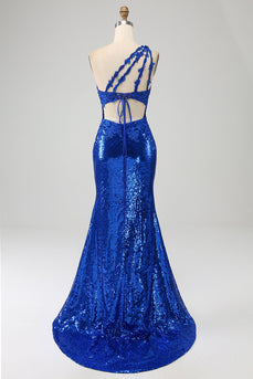 Robe de soirée sirène bleu Royal à une épaule avec fente