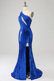Robe de soirée sirène bleu Royal à une épaule avec fente