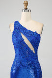 Robe de soirée sirène bleu Royal à une épaule avec fente