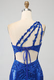 Robe de soirée sirène bleu Royal à une épaule avec fente
