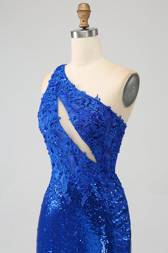Robe de soirée sirène bleu Royal à une épaule avec fente