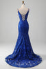 Charger l&#39;image dans la galerie, Brillant bleu Royal sirène bretelles spaghetti longue robe de bal avec des appliques