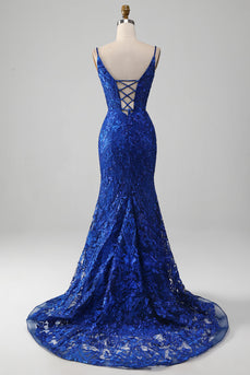 Brillant bleu Royal sirène bretelles spaghetti longue robe de bal avec des appliques