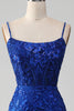 Charger l&#39;image dans la galerie, Brillant bleu Royal sirène bretelles spaghetti longue robe de bal avec des appliques