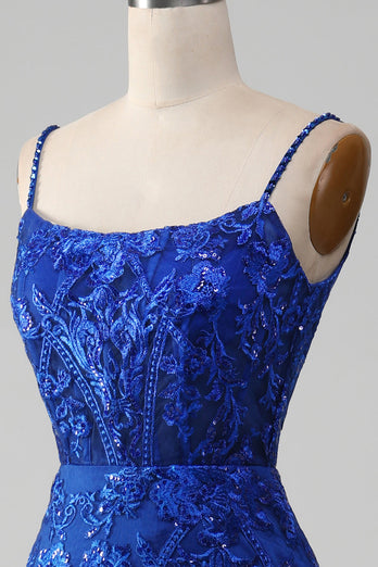 Brillant bleu Royal sirène bretelles spaghetti longue robe de bal avec des appliques