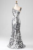 Robe de bal à une épaule à paillettes miroir argenté avec évidage