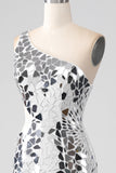 Robe de bal à une épaule à paillettes miroir argenté avec évidage