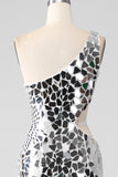 Robe de bal à une épaule à paillettes miroir argenté avec évidage