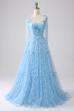 Robe de bal longue à bretelles spaghetti bleu clair A-Line