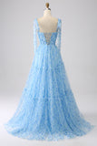 Robe de bal longue à bretelles spaghetti bleu clair A-Line