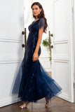 Bleu Marine Paillettes Sirène Robe Mère de la Mariée