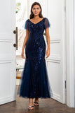 Bleu Marine Paillettes Sirène Robe Mère de la Mariée