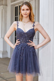Une ligne Bretelles Spaghetti Gris Robe courte Cocktail avec appliques