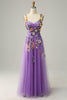 Charger l&#39;image dans la galerie, Une ligne Sangles Spaghetti Violettes Robe de bal avec fleurs 3D
