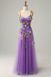 Une ligne Sangles Spaghetti Violettes Robe de bal avec fleurs 3D
