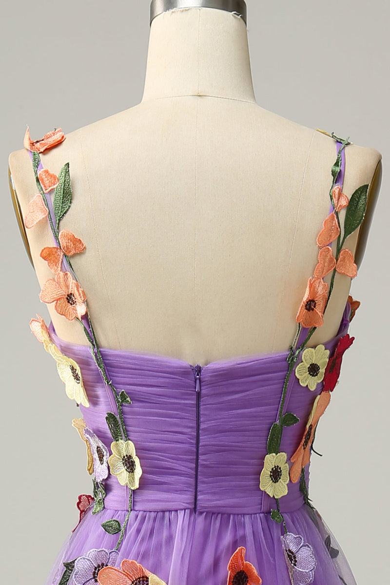 Charger l&#39;image dans la galerie, Une ligne Sangles Spaghetti Violettes Robe de bal avec fleurs 3D