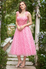 Robe de bal midi Midi en tulle rose A-line avec cœurs