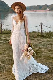 Ivory Mermaid Dentelle Sweep Train Boho Robe de mariée avec nœuds papillon