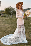 Ivory Mermaid Manches Longues Dentelle Boho Robe de mariée avec Sweep Train