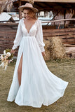 Dentelle Ivoire Chiffon Col V À manches longues Boho Robe de mariée