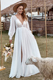 Dentelle Ivoire Chiffon Col V À manches longues Boho Robe de mariée