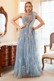 Une robe de bal Line One Shoulder Grey Blue Plus Size avec broderie