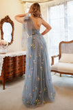 Une robe de bal Line One Shoulder Grey Blue Plus Size avec broderie