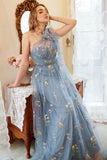 Une robe de bal Line One Shoulder Grey Blue Plus Size avec broderie