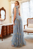 Une robe de bal Line One Shoulder Grey Blue Plus Size avec broderie