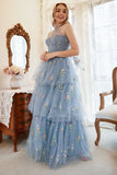Une robe de bal Line Halter Grey Blue Plus Size avec broderie