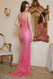 Fuchsia Sequin One Shoulder Sparkly Long Robe de bal avec fente