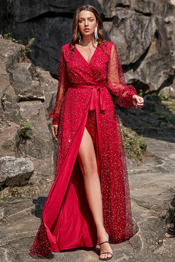 Une robe de bal Line V Col Rouge foncé Plus Taille avec Front fendu
