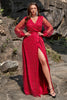 Charger l&#39;image dans la galerie, Une robe de bal Line V Col Rouge foncé Plus Taille avec Front fendu